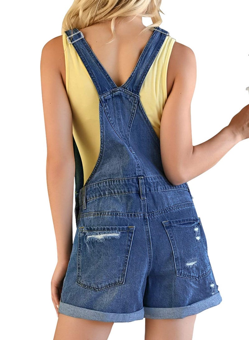 luvamia Women's Ripped Rolled Hem Short Overalls Folded Hem Denim Bib Overall Shorts Casual Rolled Short Overalls Summer Romper for Women Summer Fresh Bright Blue Size X-Large - Image 2